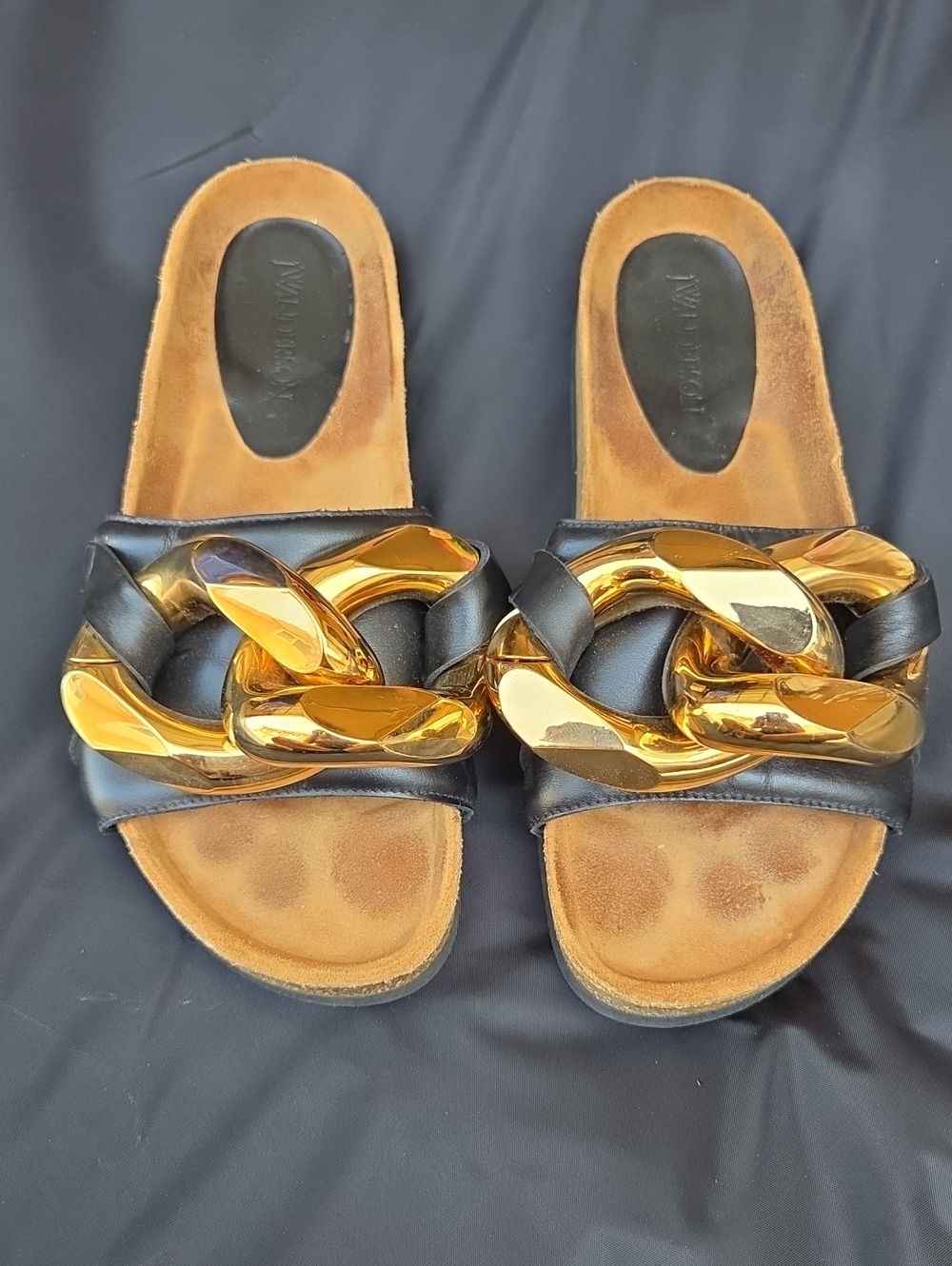 JW ANDERSON Black Leather Slide Sandals with Gold Chain Accent